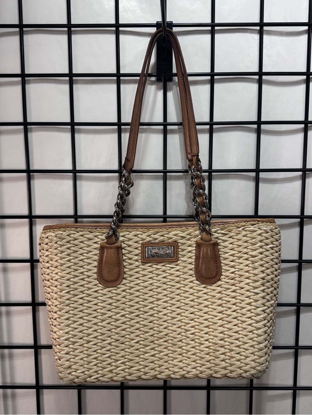 Brighton Johanna Chain ToteCream Woven Shoulder with Brown Trim Purse